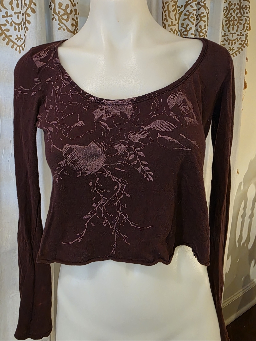 Y2K Long Sleeve Crop Scoop Neck Top in Deep Plum Whimsigoth